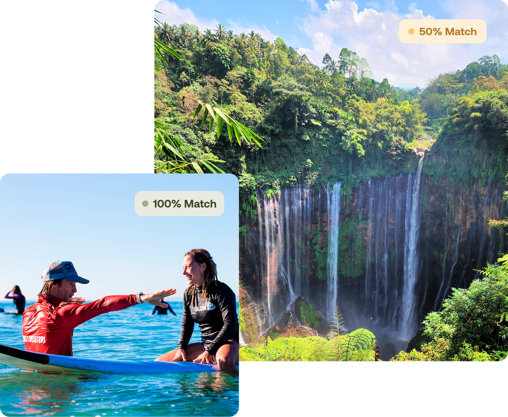Two pictures, one where a man is stading a looking a a waterfall and one where a woman is surfing